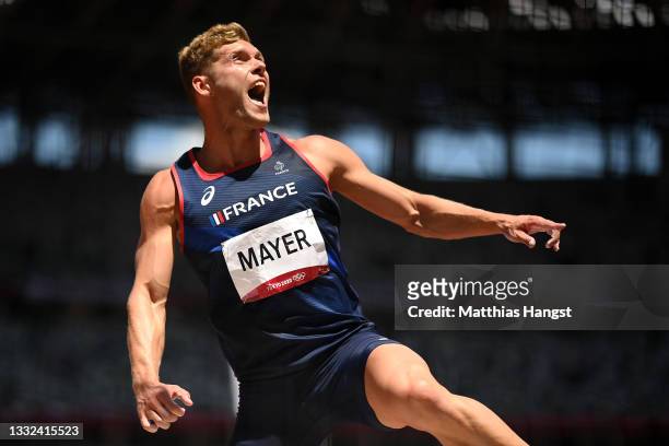 Kevin Mayer of Team France reacts while competing in the Men's Decathlon Discus Throw on day thirteen of the Tokyo 2020 Olympic Games at Olympic...