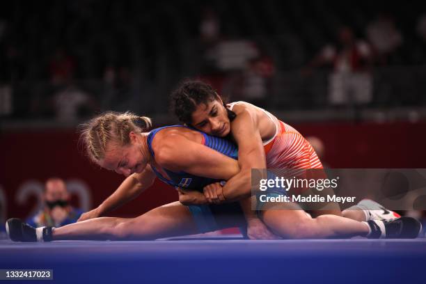 Vinesh Vinesh of Team India competes against Sofia Magdalena Mattsson of Team Sweden during the Women's Freestyle 53kg 1/8 Final on day thirteen of...