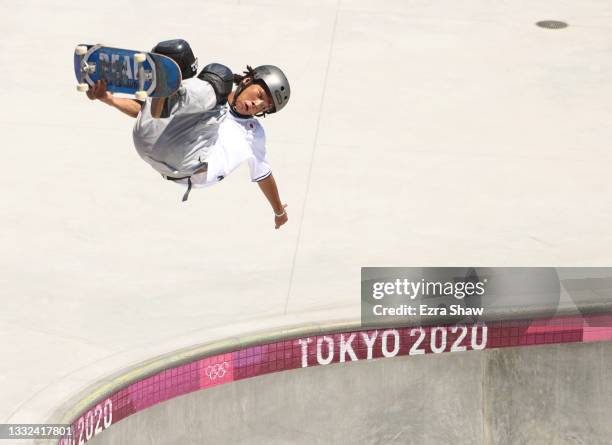 Ayumu Hirano of Team Japan competes during the Men's Skateboarding Park Preliminary Heat 4 on day thirteen of the Tokyo 2020 Olympic Games at Ariake...