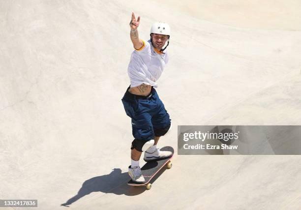 Pedro Barros of Team Brazil celebrates after his run during the Men's Skateboarding Park Preliminary Heat 4 on day thirteen of the Tokyo 2020 Olympic...