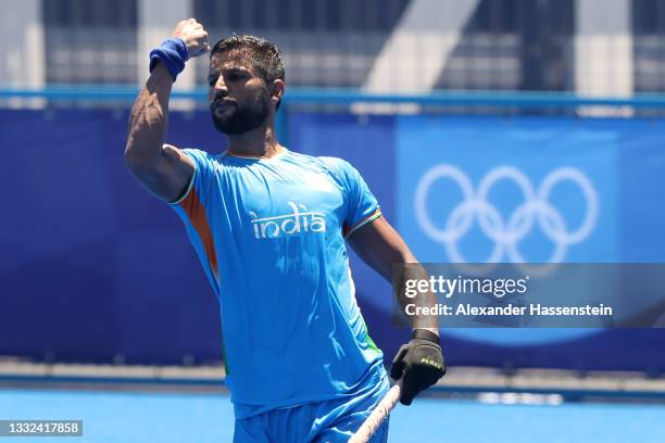 Rupinder Pal Singh of Team India celebrates scoring a penalty shot during the Men's Bronze medal match between Germany and India on day thirteen of...