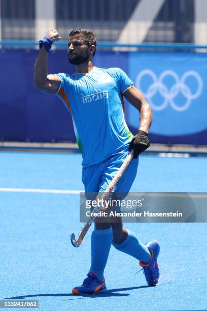 Rupinder Pal Singh of Team India celebrates scoring a penalty shot during the Men's Bronze medal match between Germany and India on day thirteen of...