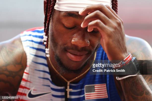 Cravon Gillespie of Team United States reacts after coming in sixth in round one of the Men's 4 x 100m Relay Heat 2 on day thirteen of the Tokyo 2020...