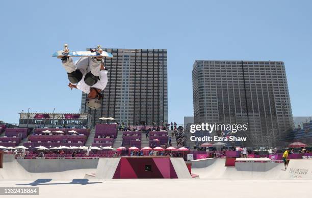 Ayumu Hirano of Team Japan performs a backflip during the Men's Skateboarding Park Preliminary Heat 4 on day thirteen of the Tokyo 2020 Olympic Games...
