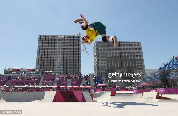 Kieran Woolley of Team Australia competes during the Men's Skateboarding Park Preliminary Heat 3 on day thirteen of the Tokyo 2020 Olympic Games at...