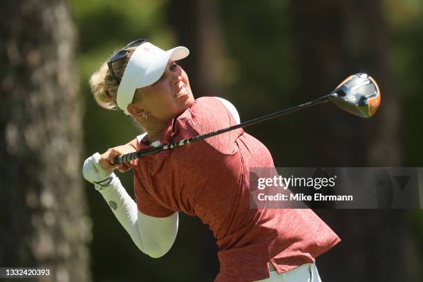 Nanna Koerstz Madsen of Team Denmark plays her shot from the 18th tee during the second round of the Women's Individual Stroke Play on day thirteen...