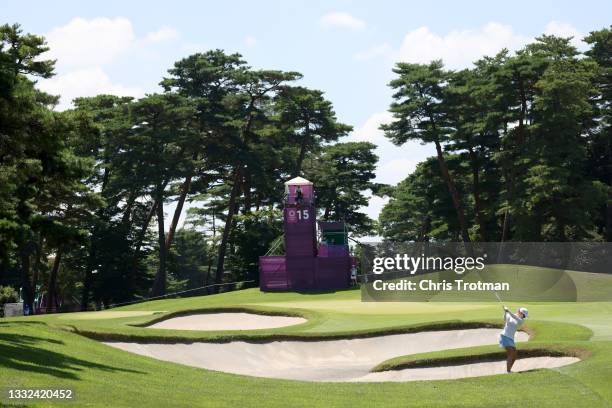 Madelene Sagstrom of Team Sweden plays her second shot plays a shot from a bunker on the 15th hole during the second round of the Women's Individual...