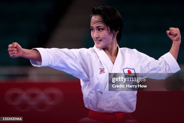 Kiyou Shimizu of Team Japan competes during the Women’s Karate Kata Ranking Round on day thirteen of the Tokyo 2020 Olympic Games at Nippon Budokan...