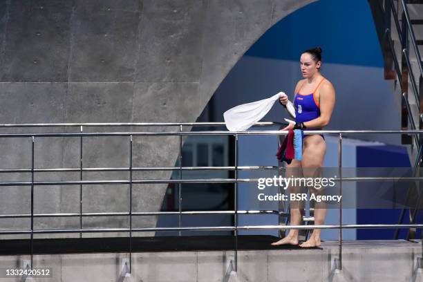 Celine van Duijn of The Netherlands competing on Women's 10m Platform Final during the Tokyo 2020 Olympic Games at the Tokyo Aquatics Centre on...