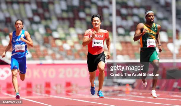 Shota Iizuka of Team Japan reacts after competing in the Men's 200m heat on day eleven of the Tokyo 2020 Olympic Games at Olympic Stadium on August...