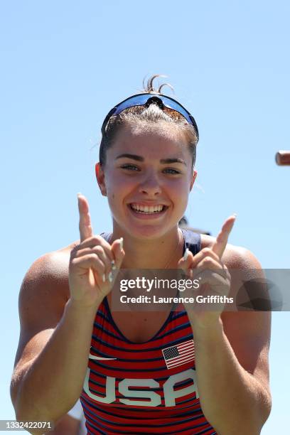 Nevin Harrison of Team United States reacts to winning the gold medal in the Women's Canoe Single 200m Final A on day thirteen of the Tokyo 2020...