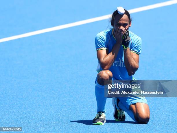 Hardik Singh of Team India reacts after winning the Men's Bronze medal match between Germany and India on day thirteen of the Tokyo 2020 Olympic...