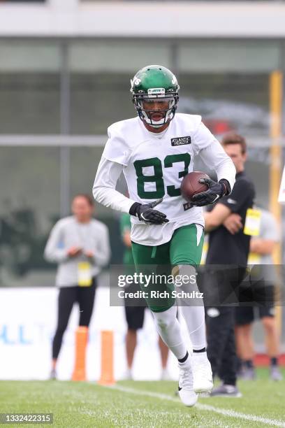 Josh Malone of the New York Jets works out during a morning practice at Atlantic Health Jets Training Center on July 29, 2021 in Florham Park, New...