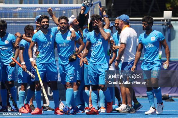 Players of Team India celebrate after winning the Men's Bronze medal match between Germany and India on day thirteen of the Tokyo 2020 Olympic Games...
