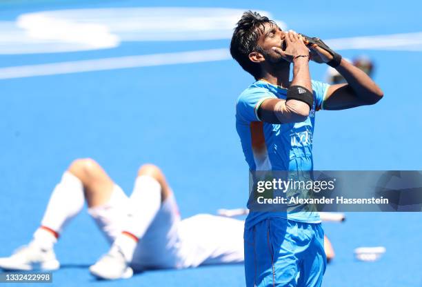 Sumit of Team India reacts after winning the Men's Bronze medal match between Germany and India on day thirteen of the Tokyo 2020 Olympic Games at Oi...