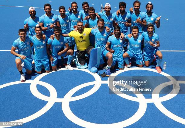 Team India poses for a picture after winning the Men's Bronze medal match between Germany and India on day thirteen of the Tokyo 2020 Olympic Games...