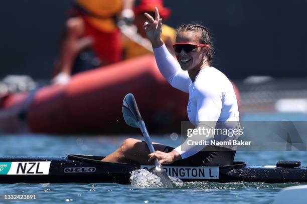 Lisa Carrington of Team New Zealand reacts after winning the gold medal in the Women's Kayak Single 500m Final A on day thirteen of the Tokyo 2020...