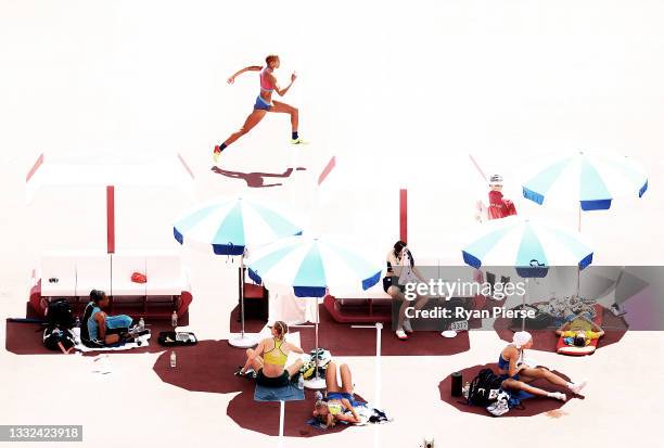 Rachel McCoy of Team United States competes in the Women's High Jump Qualification on day thirteen of the Tokyo 2020 Olympic Games at Olympic Stadium...