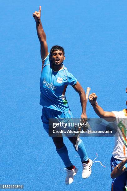 Varun Kumar of Team India reacts after winning the Men's Bronze medal match between Germany and India on day thirteen of the Tokyo 2020 Olympic Games...