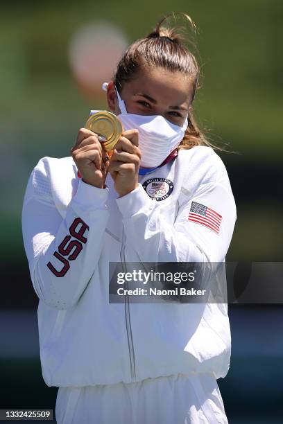 Gold medalist Nevin Harrison of Team United States celebrates at the medal ceremony following the Women's Canoe Single 200m Final A on day thirteen...