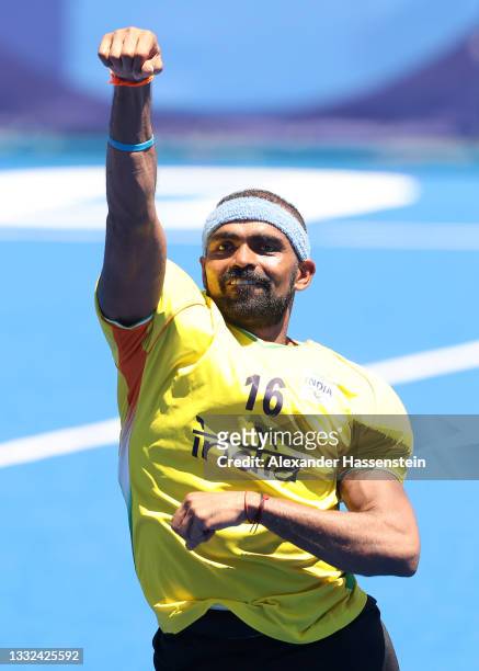 Sreejesh Parattu Raveendran of Team India reacts after winning the Men's Bronze medal match between Germany and India on day thirteen of the Tokyo...