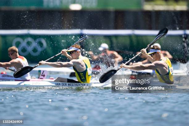 Jean van der Westhuyzen and Thomas Green of Team Australia compete during the Men's Kayak Double 1000m Final A on day thirteen of the Tokyo 2020...