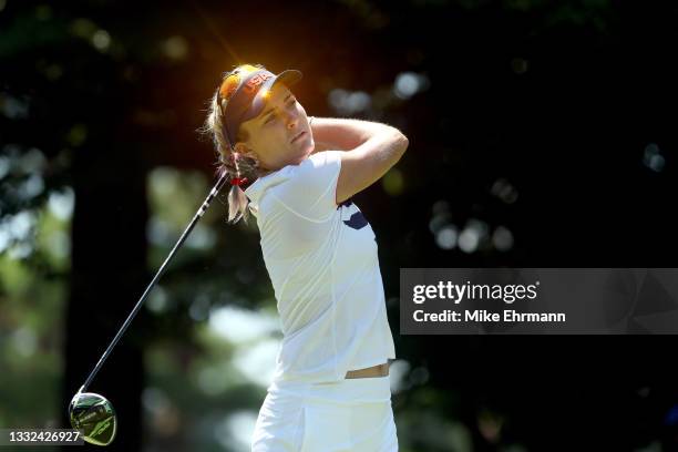 Lexi Thompson of Team United States plays her shot from the 11th tee during the second round of the Women's Individual Stroke Play on day thirteen of...