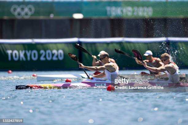 Max Hoff and Jacob Schopf of Team Germany compete during the Men's Kayak Double 1000m Final A on day thirteen of the Tokyo 2020 Olympic Games at Sea...