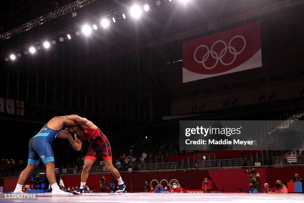 General view is seen as Taha Akgul of Team Turkey competes against Gable Dan Steveson of Team United States during the Men's Freestyle 125kg 1/4...