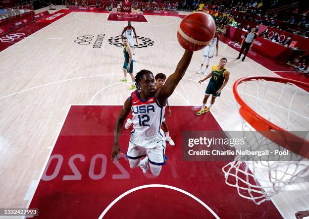 Jrue Holiday of Team United States goes up for a shot against Team Australia during the first half of a Men's Basketball quarterfinals game on day...