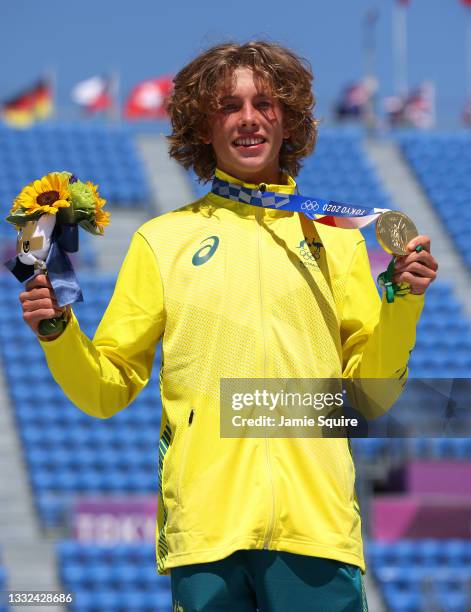 Keegan Palmer of Team Australia poses with his Gold medal after the Men's Skateboarding Park Finals on day thirteen of the Tokyo 2020 Olympic Games...