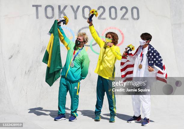 Gold Medalist Keegan Palmer of Team Australia, center, Silver medalist Pedro Barros of Team Brazil, left and Bronze medalist Cory Juneau of Team...