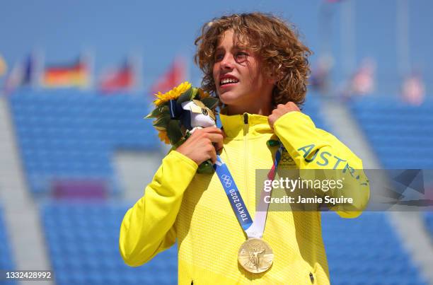 Keegan Palmer of Team Australia poses with his Gold medal after the Men's Skateboarding Park Finals on day thirteen of the Tokyo 2020 Olympic Games...