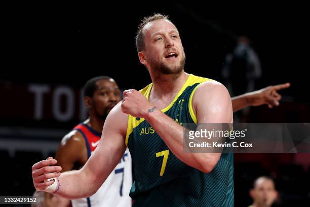 Joe Ingles of Team Australia complains to the referee about a foul that was not called Team United States during the first half of a Men's Basketball...
