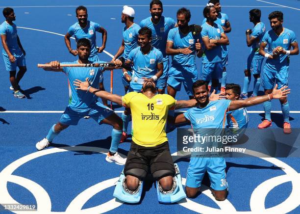 Sreejesh Parattu Raveendran goalkeeper of Team India celebrates with team mates after winning the Men's Bronze medal match between Germany and India...