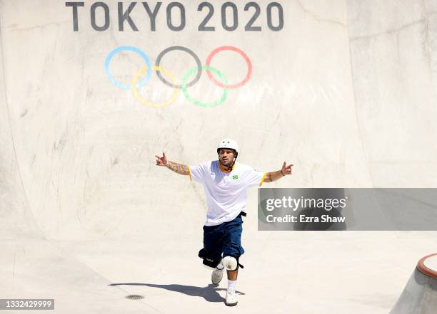 Pedro Barros of Team Brazil celebrates after his run during the Men's Skateboarding Park Finals on day thirteen of the Tokyo 2020 Olympic Games at...