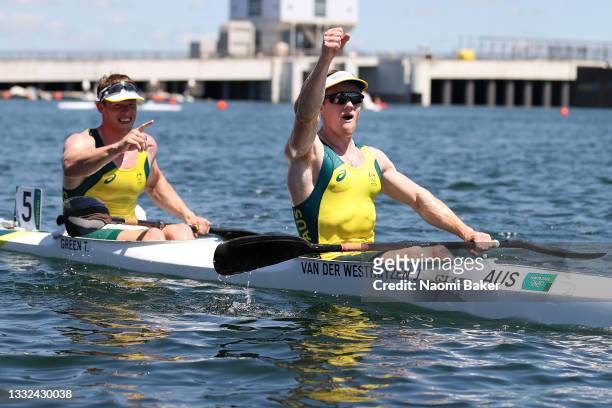 Jean van der Westhuyzen and Thomas Green of Team Australia celebrate winning the gold medal following the Men's Kayak Double 1000m Final A on day...