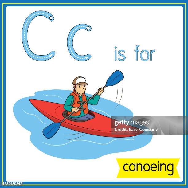 vector illustration for learning the alphabet for children with cartoon images. letter c is for canoeing. - kids at river stock illustrations