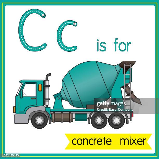 stockillustraties, clipart, cartoons en iconen met vector illustration for learning the alphabet for children with cartoon images. letter c is for concrete mixer. - concrete mixer