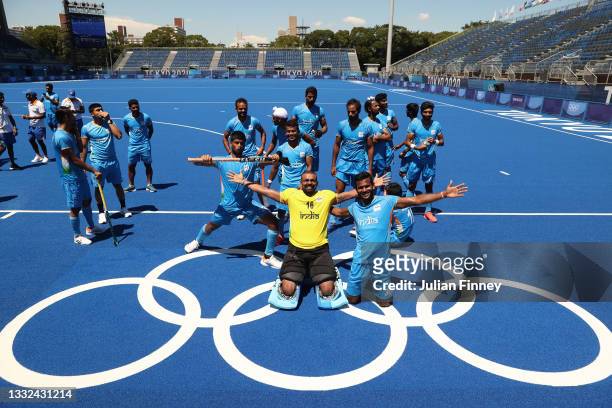 Sreejesh Parattu Raveendran goalkeeper of Team India celebrates with team mates after winning the Men's Bronze medal match between Germany and India...