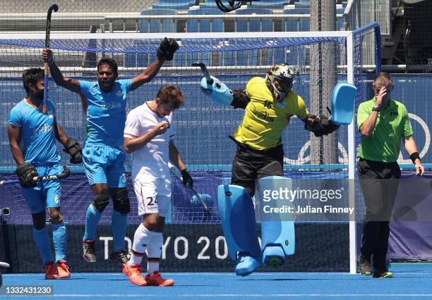 Sreejesh Parattu Raveendran goalkeeper of Team India celebrates at full time after a last moment save as they win the Men's Bronze medal match...
