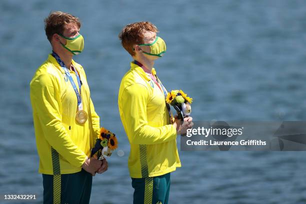 Gold medalists Jean van der Westhuyzen and Thomas Green of Team Australia celebrate at the medal ceremony following the Men's Kayak Double 1000m...