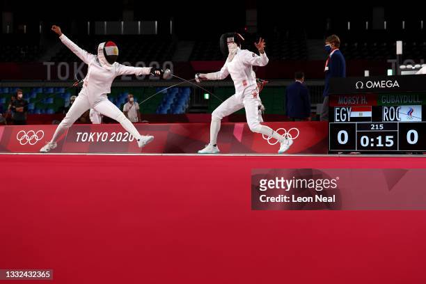 Haydy Morsy of Team Egypt and Gulnaz Gubaydullina of Team ROC compete during the Fencing Ranked Round of the Women's Modern Pentathlon on day...
