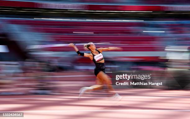 Ekaterina Voronina of Team Uzbekistan competes in the Women's Heptathlon Javelin Throw on day thirteen of the Tokyo 2020 Olympic Games at Olympic...