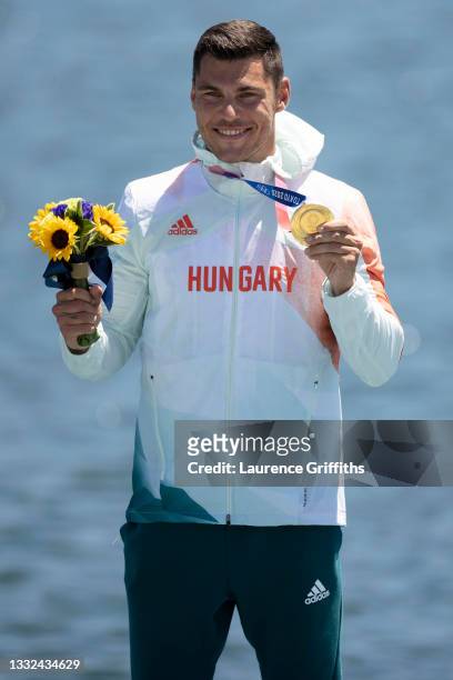 Gold medalist Sandor Totka of Team Hungary celebrates at the medal ceremony following the Men's Kayak Single 200m Final A on day thirteen of the...