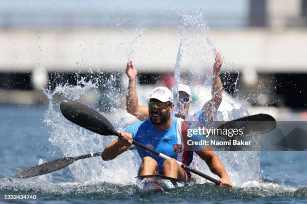 Josef Dostal and Radek Slouf of Team Czech Republic celebrate winning the bronze medal following the Men's Kayak Double 1000m Final A on day thirteen...