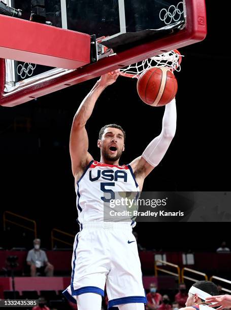 Zachary Lavine of the USA slam dunks during the Basketball semi final match between Australia and the USA on day thirteen of the Tokyo 2020 Olympic...