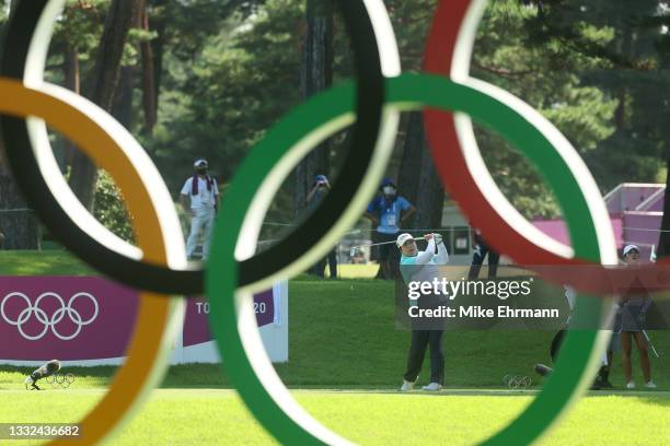 Shanshan Feng of Team China plays her shot from the 16th tee during the second round of the Women's Individual Stroke Play on day thirteen of the...