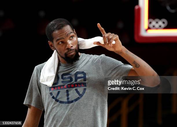 Kevin Durant of Team United States celebrates during the second half of a Men's Basketball quarterfinals game between Team United States and Team...