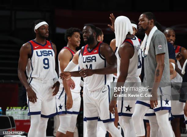 Draymond Green of Team United States celebrates with his teammates during the second half of a Men's Basketball quarterfinals game between Team...